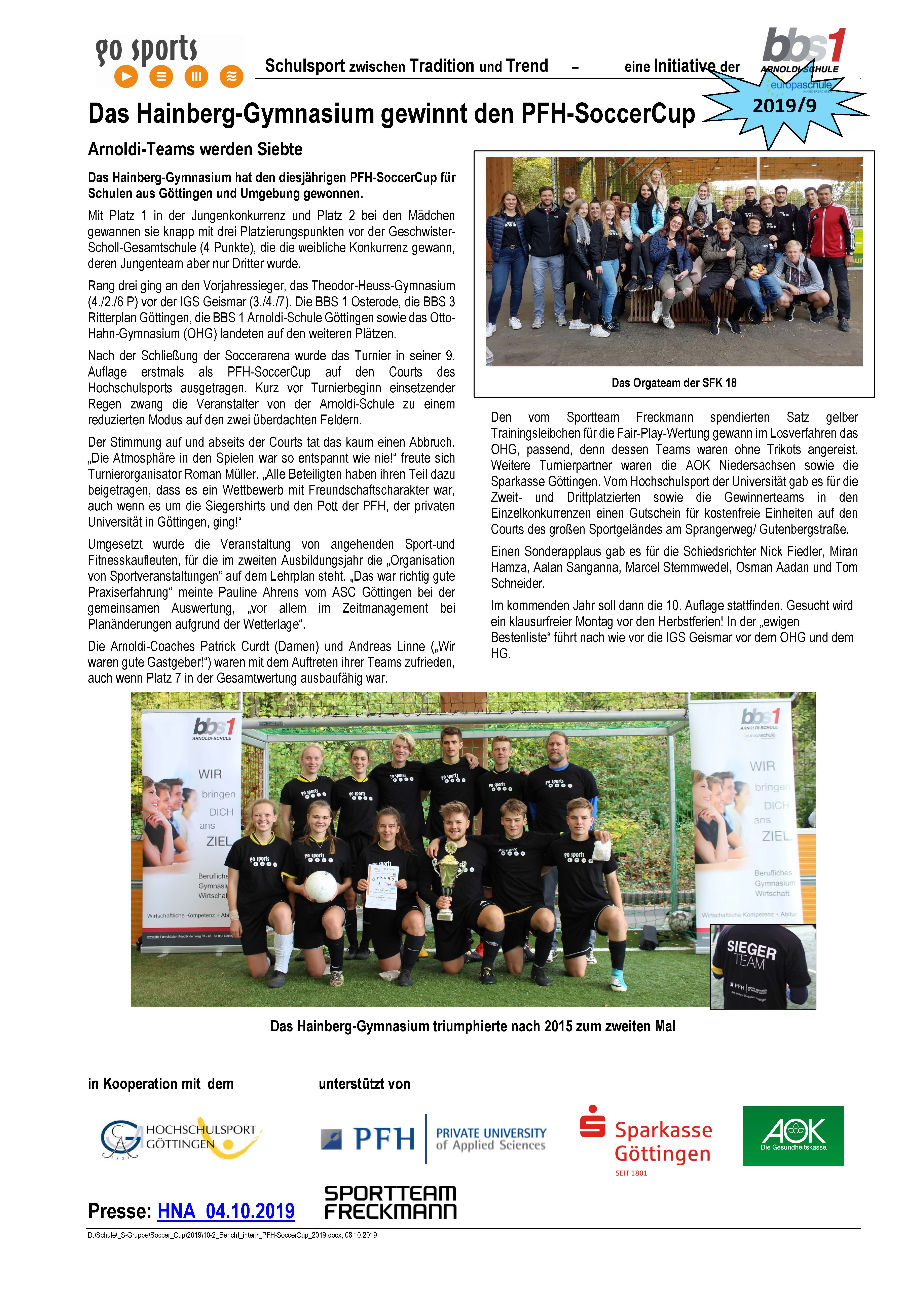 2019 10 21 Bericht intern PFH SoccerCup 2019 Seite 1
